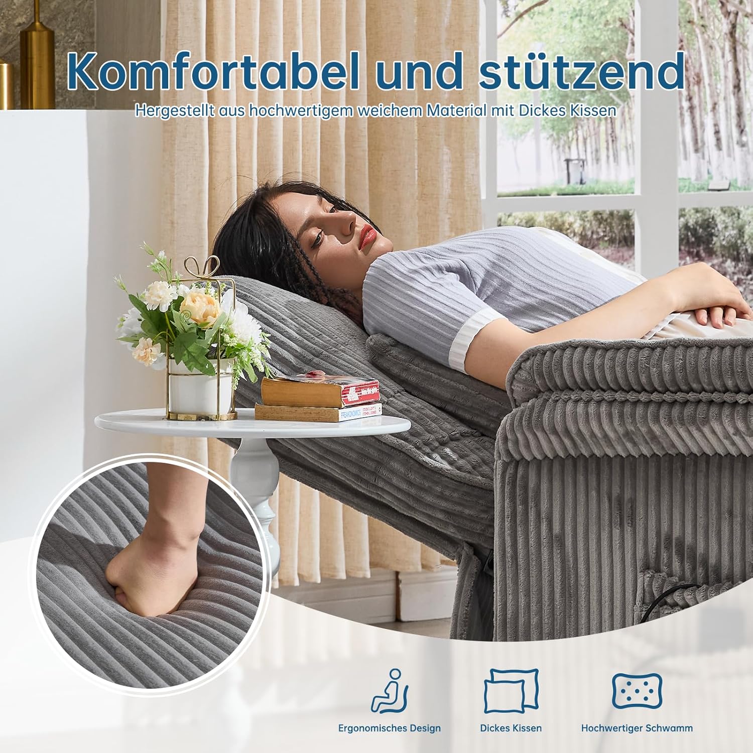 2 Motoren Elektrischer Relaxsessel, Fernsehsessel mit Liegefunktion, TV Sessel Wohnzimmer mit Rollen, Verstellbarer Rückenlehne & Fußstütze, 2 Seitentaschen, Cord Couch, Hellgrau