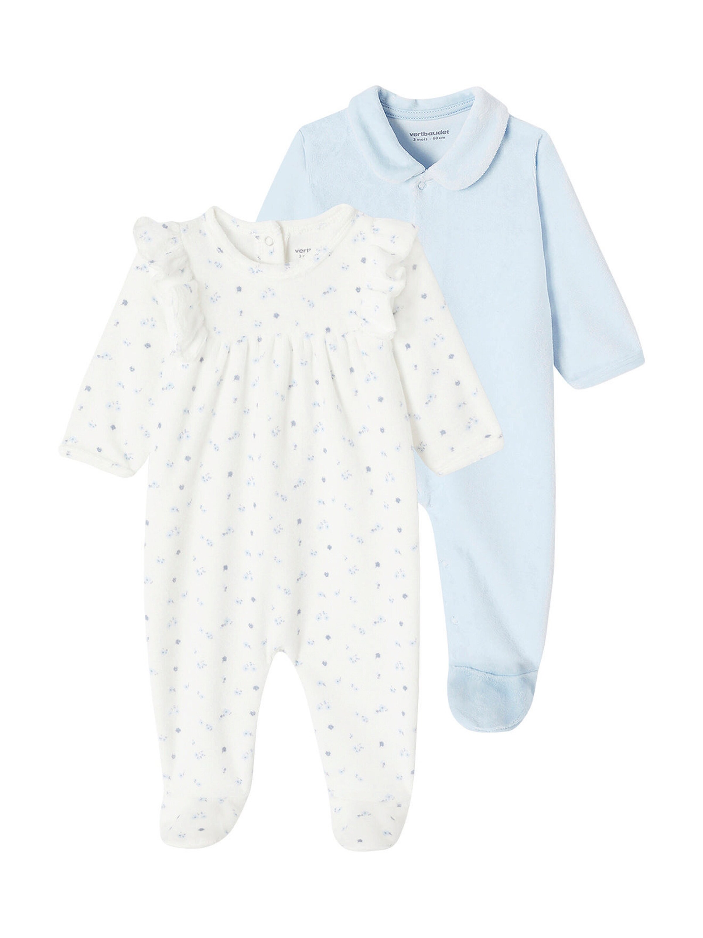 Vertbaudet 2er-Pack Mädchen Baby Samt-Strampler himmelblau