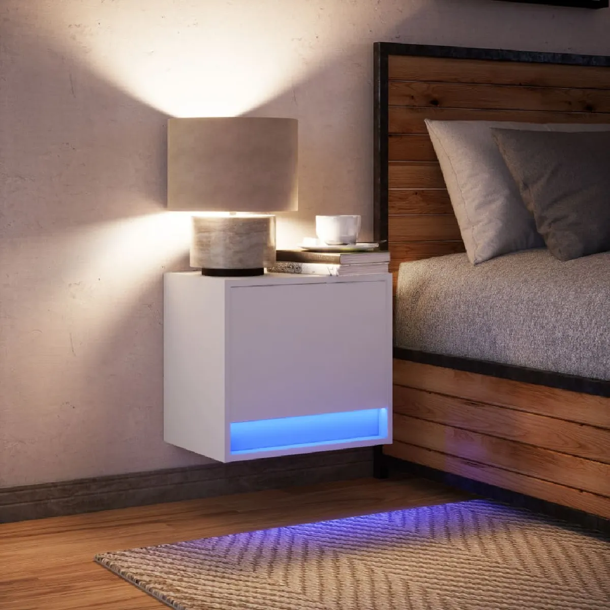 VidaXL Table de chevet murale avec LED - Blanc
