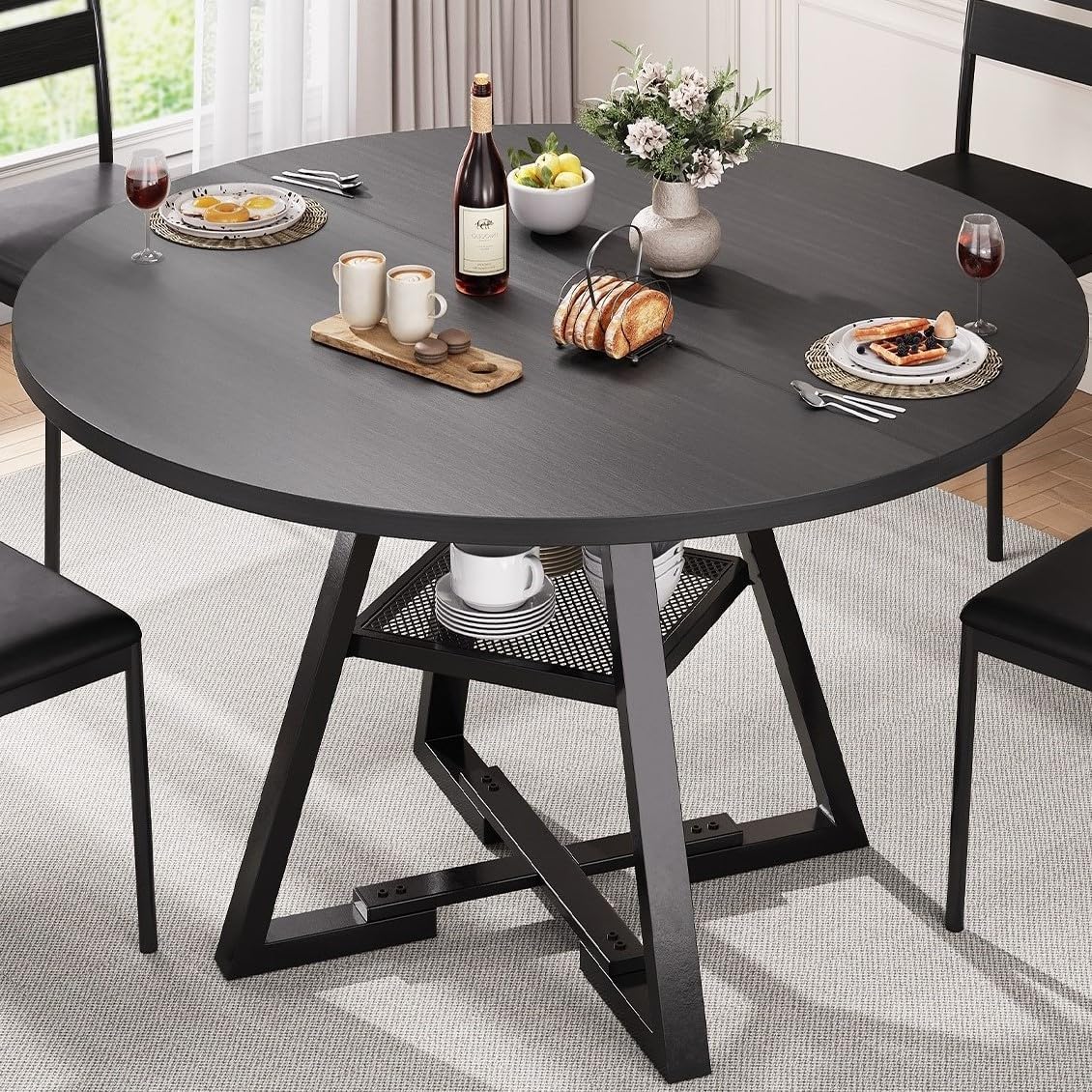 Esstisch Runder für 2–4 Personen, Esszimmertisch mit Ablage, platzsparender Küchentisch aus Holz im Industrial Design (Schwarz, 107x107x76cm)