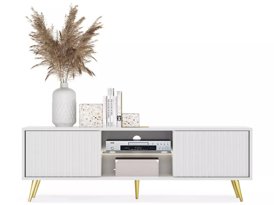Meuble tv - 135 cm - blanc - façades à lamelles et pieds dorés - avec LED - Selsey Bello