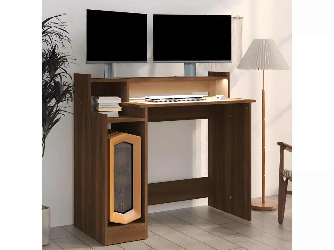 Bureau et lumières LED Chêne brun 97x45x90 cm Bois d'ingénierie