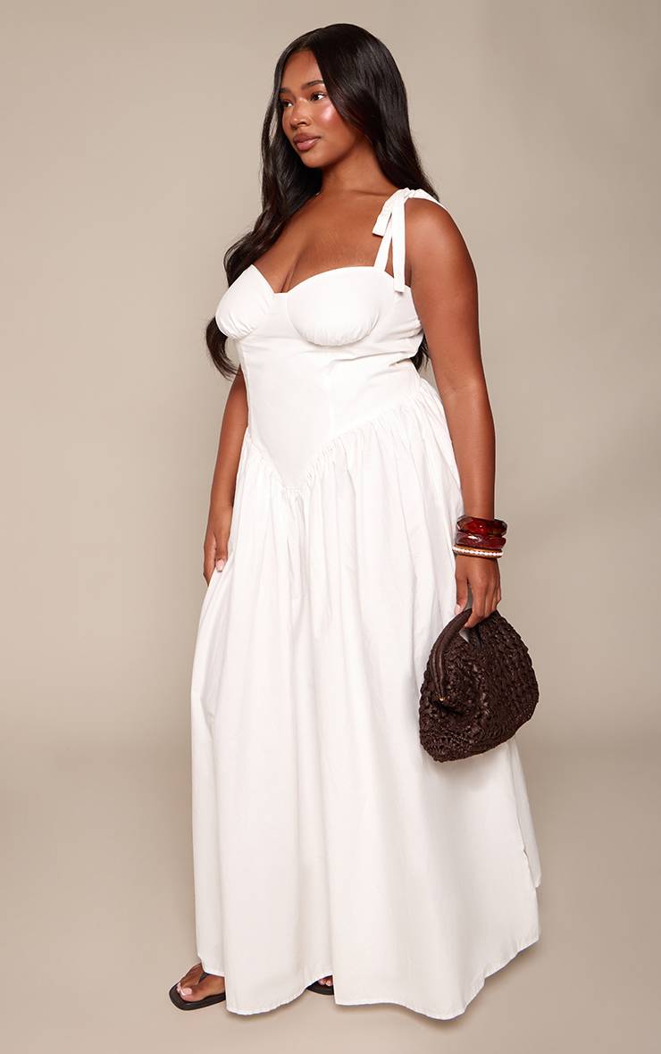 Blanc Robe Longue Droite Grande Taille Vert Sauge À Bretelles Nouées Et Taille Cintrée