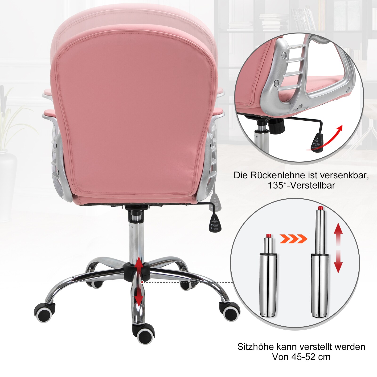 Vinsetto Drehstuhl im eleganten Design rosa 59,5 x 60,5 x 95-105 cm (LxBxH)