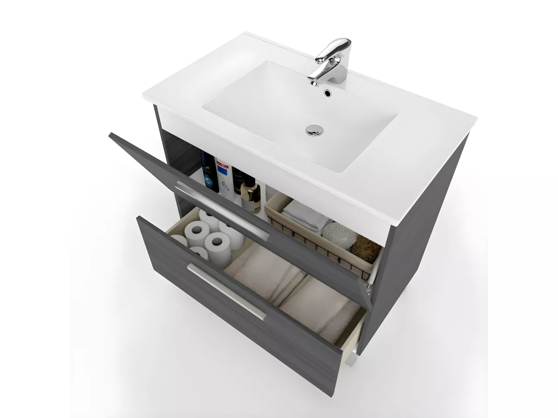 Meuble vasque 2 tiroirs 80 cm + vasque + miroir Gris Cendré - BANRU