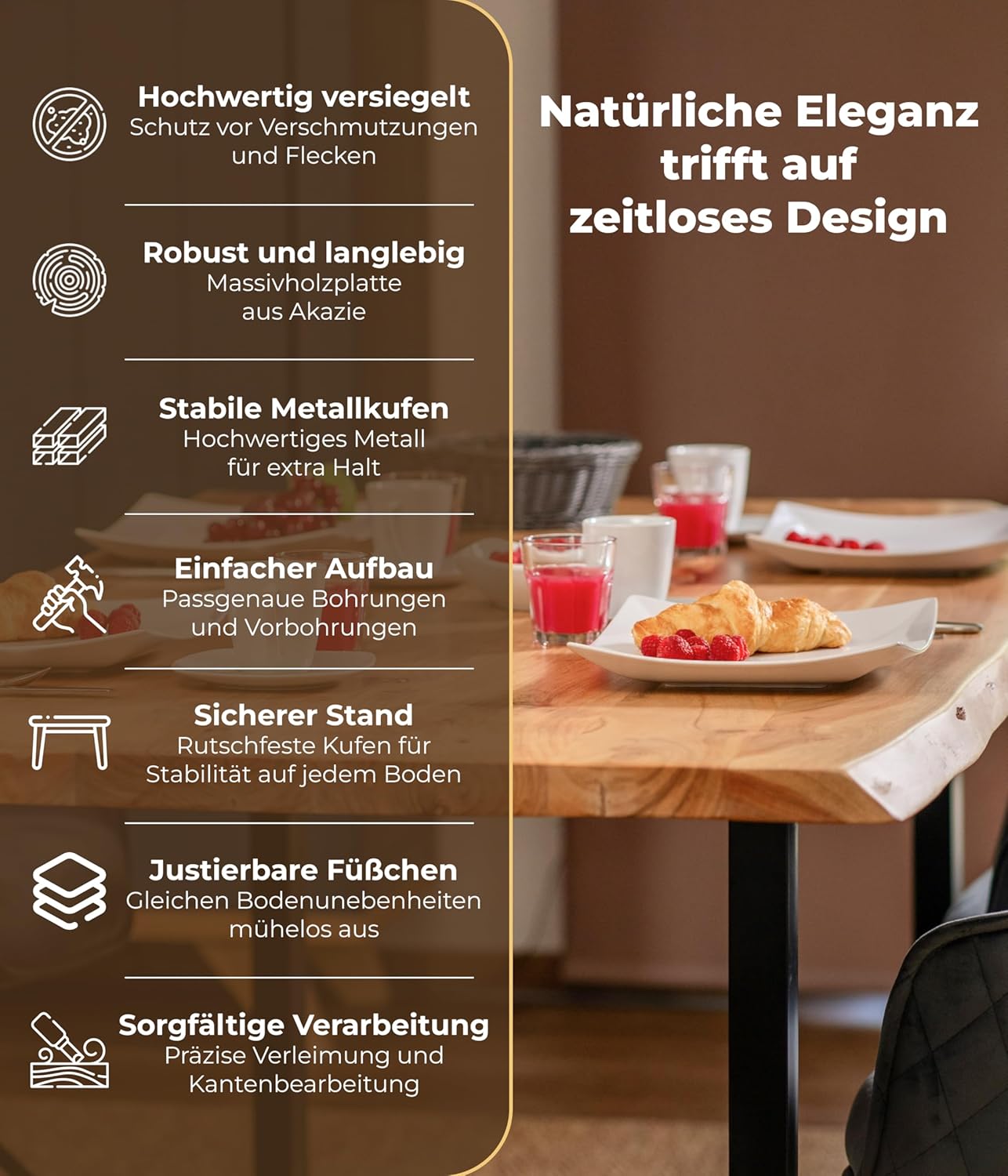 Baumkantentisch 200x100 cm – Tischplatte 3,6 cm – Massivholz Esstisch aus Akazienholz mit U-Gestell, echte Baumkante, naturfarben – Handgefertigt & robust – inkl. Lieferung an den Wunschort