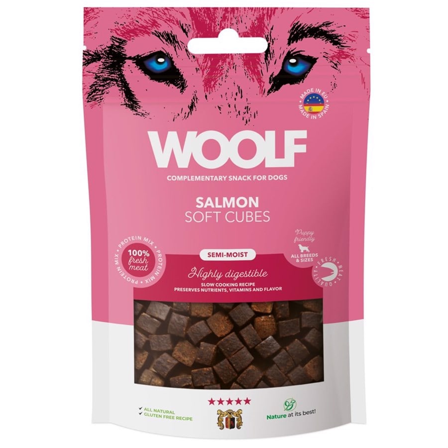 Woolf Soft Cubes Salmon 100g<br>Naturlig og proteinrik! Zip-lås pose