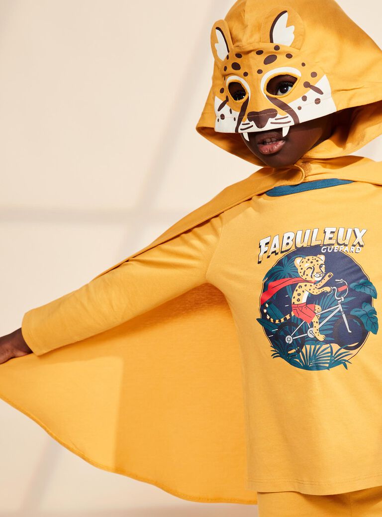 Pyjama deux pièces jaune moutarde en coton avec cape tête de léopard