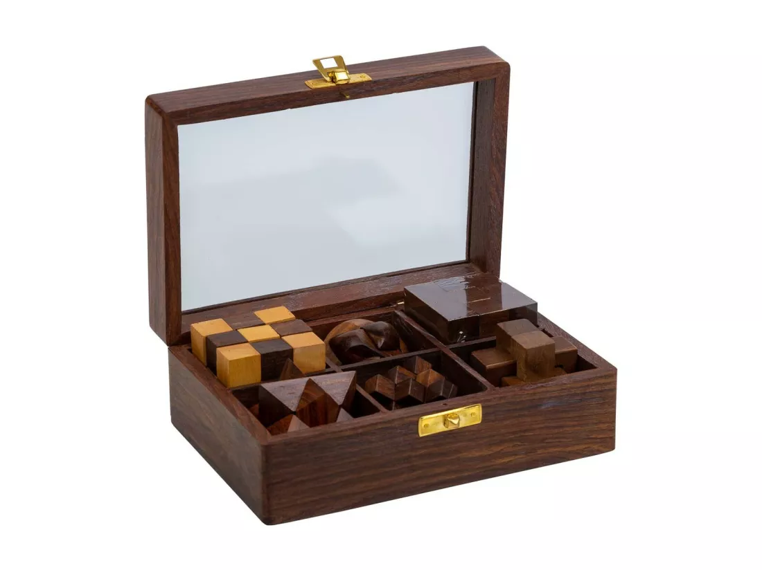 Jeu de 6 casse-têtes dans une boîte en bois marron 17,5x12x6h