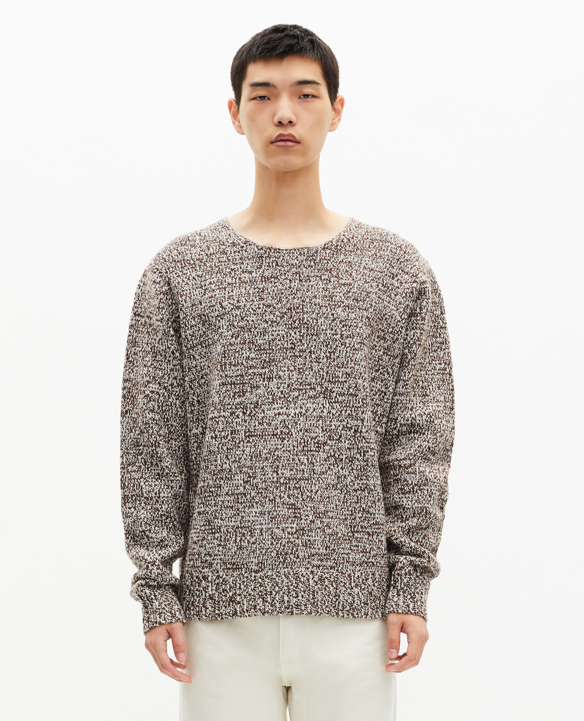 Pull mouliné beige et blanc