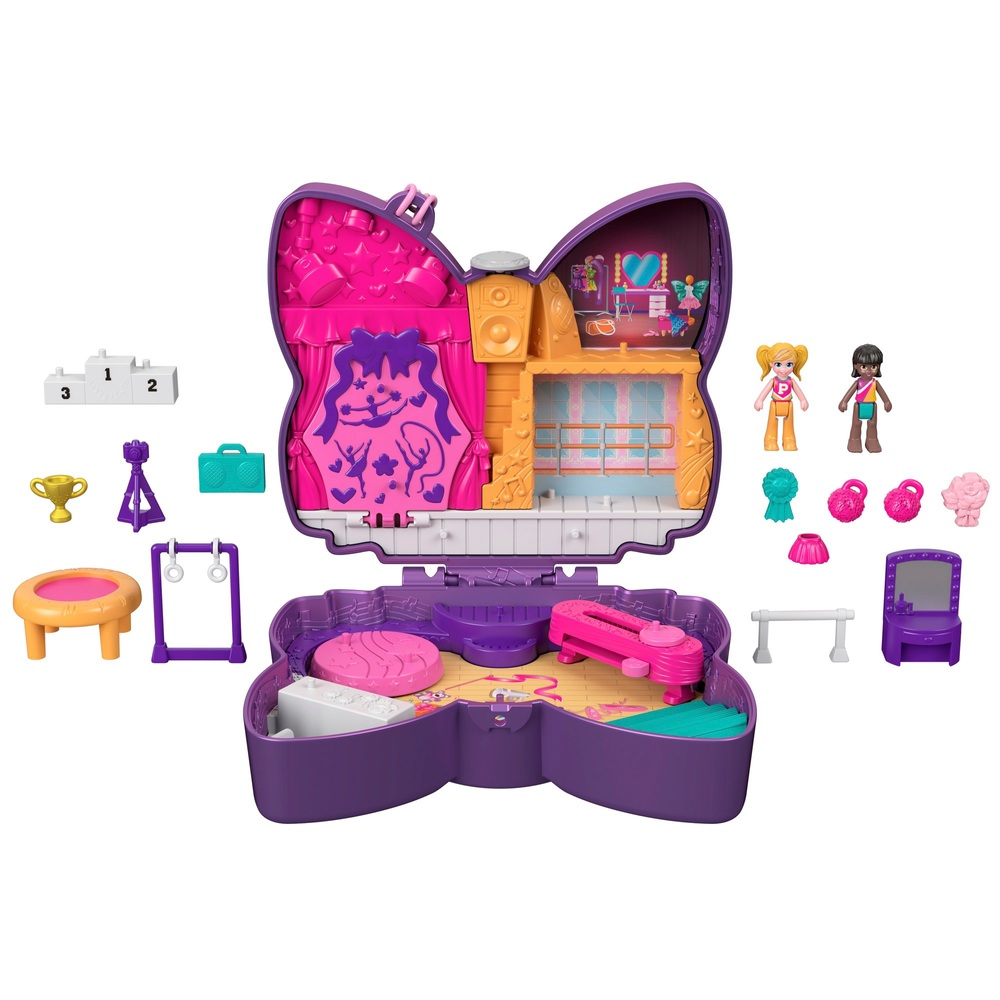 Polly Pocket Glitzer-Bühnenschleifen-Kompaktset mit Mikropuppen und Zubehör