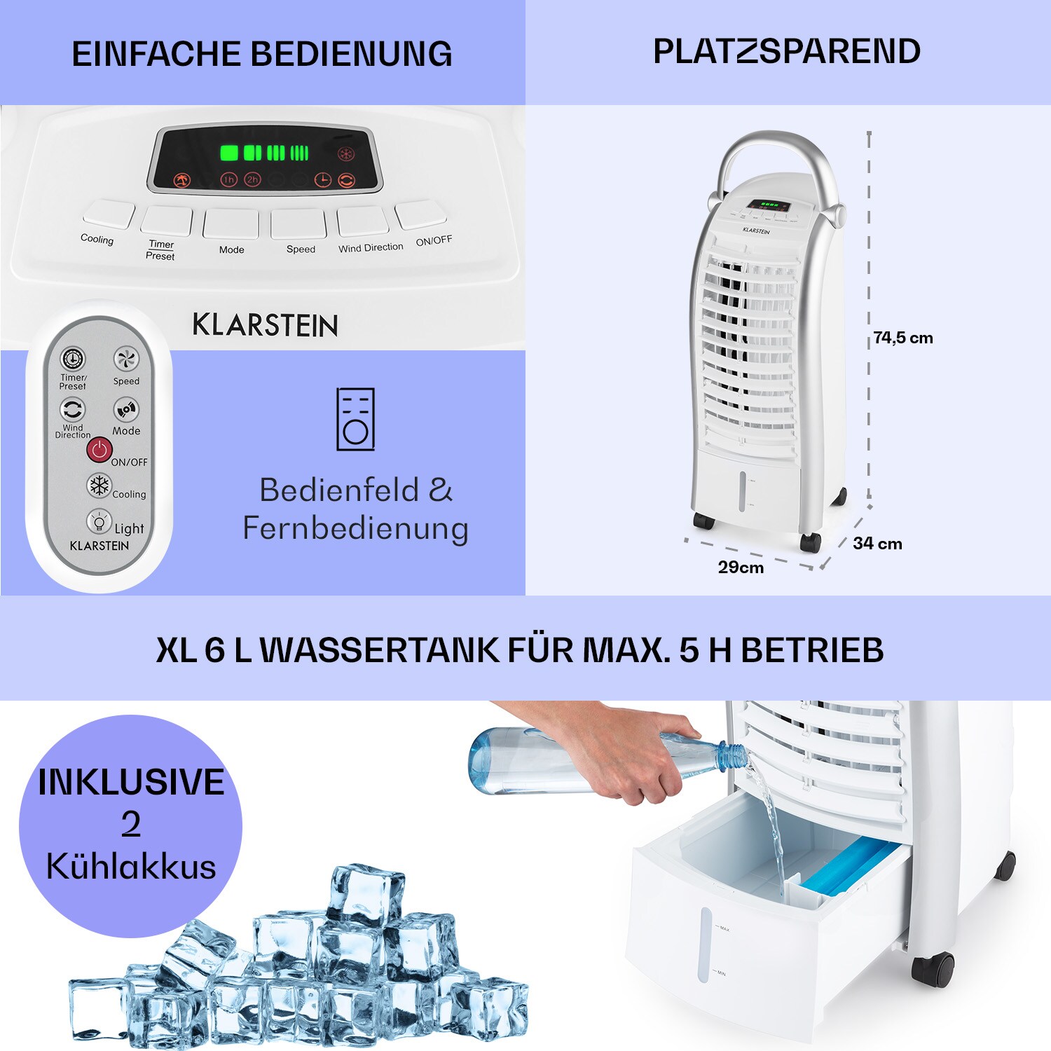 Maxfresh Ventilator Luftkühler 4-in-1 6L-Wassertank 55W Timer-Funktion Weiß