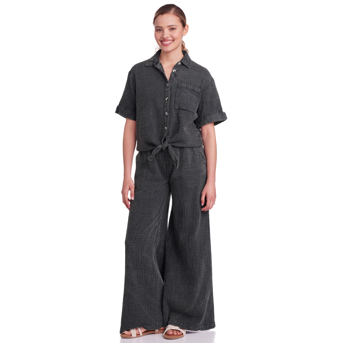 Gina Damen Musselin-Hose mit Elastikbund dunkelgrau