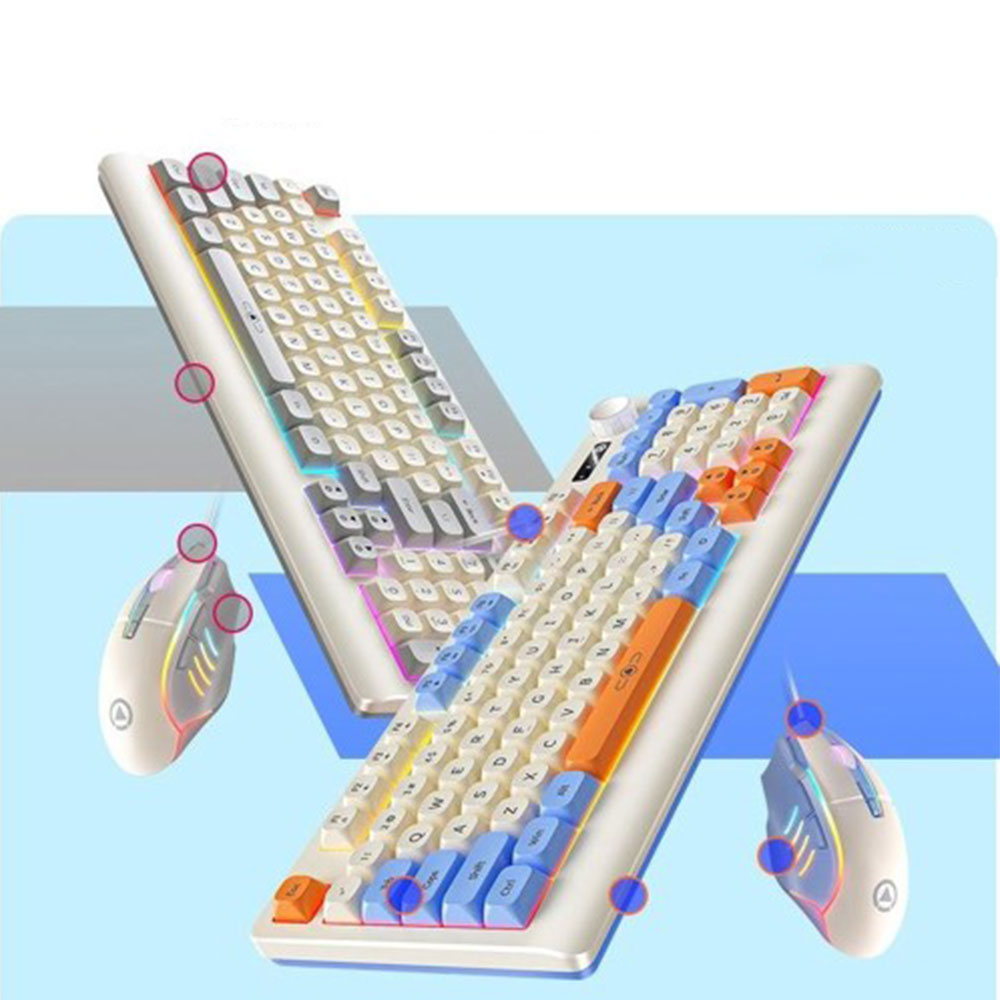 Kabelgebundene USB Gaming Tastatur Mechanisches Keyboard (QWERTY) mit Zahlenblock und RGB Beleuchtung inkl. USB-Maus - Grau