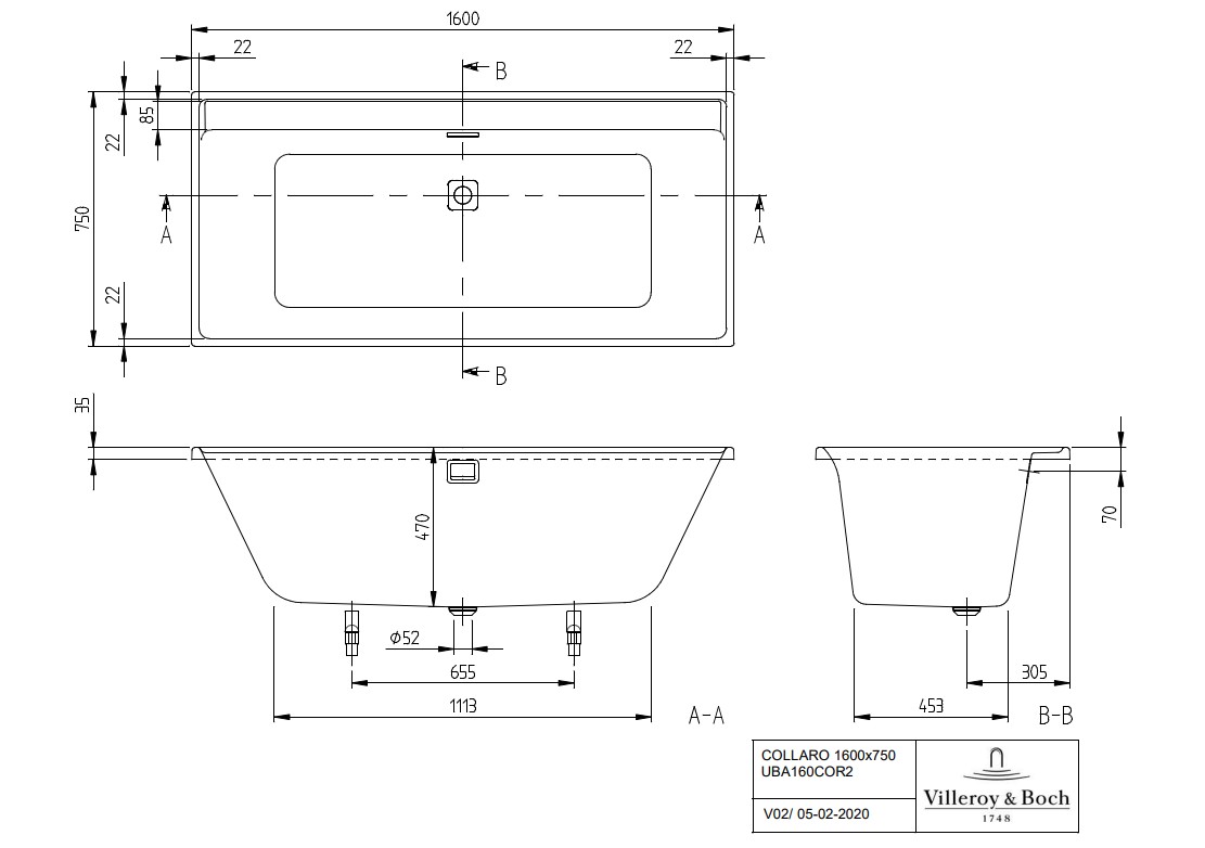Villeroy & Boch Collaro inbouw ligbad 160x75cm wit met zwarte afvoerplug