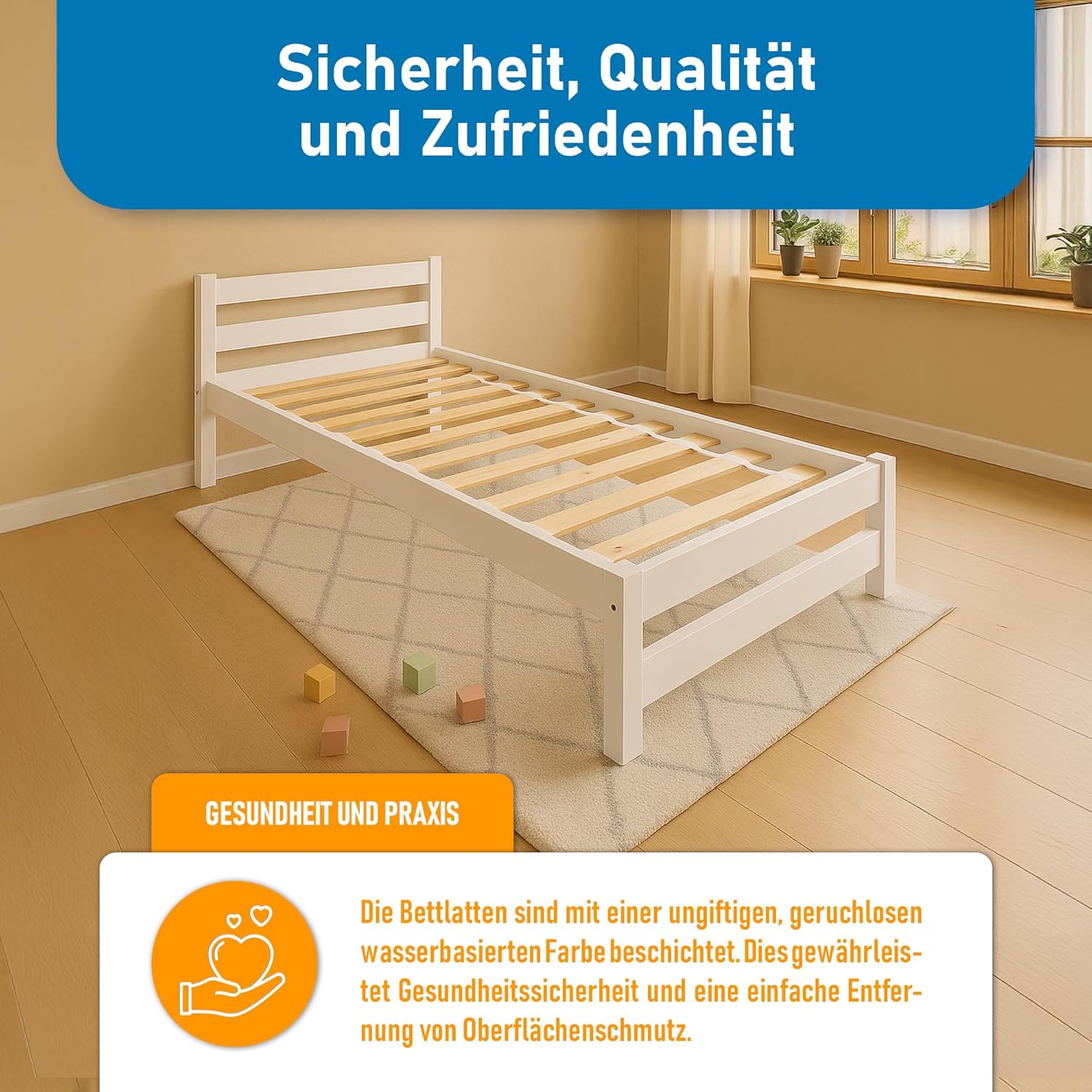 Kinderbett 80x160 cm in Weiß - Jugendbett - Kinder Bett Montessori - Einzelbett aus Kiefer Massivholz – Lattenrost – Tagesbett ohne Matratze