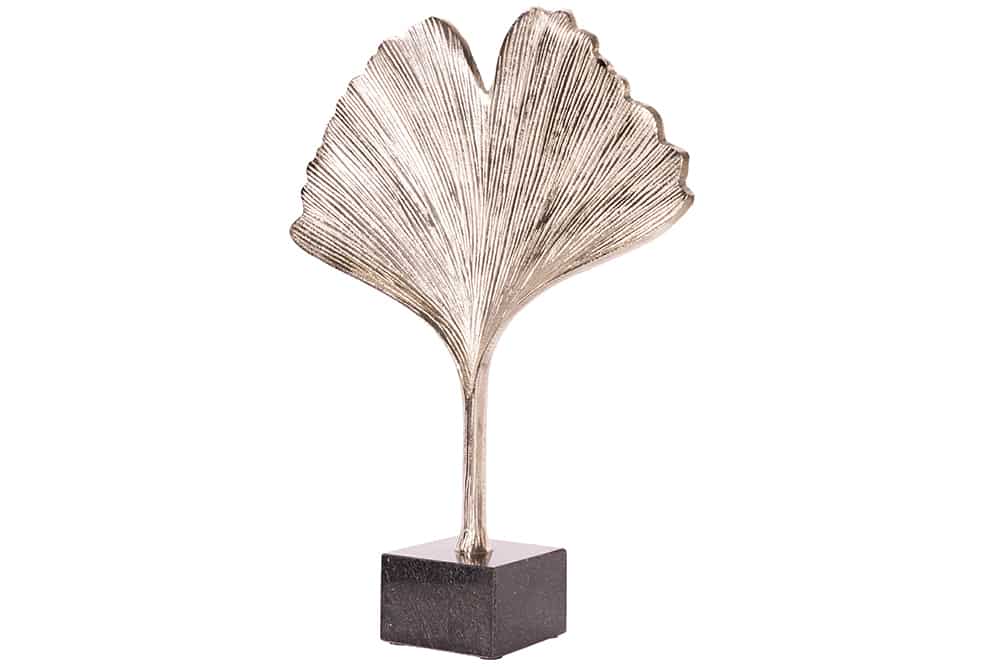 Dekorative Skulptur GINKGO LEAF 45cm silber handmade Metall mit Marmorsockel
