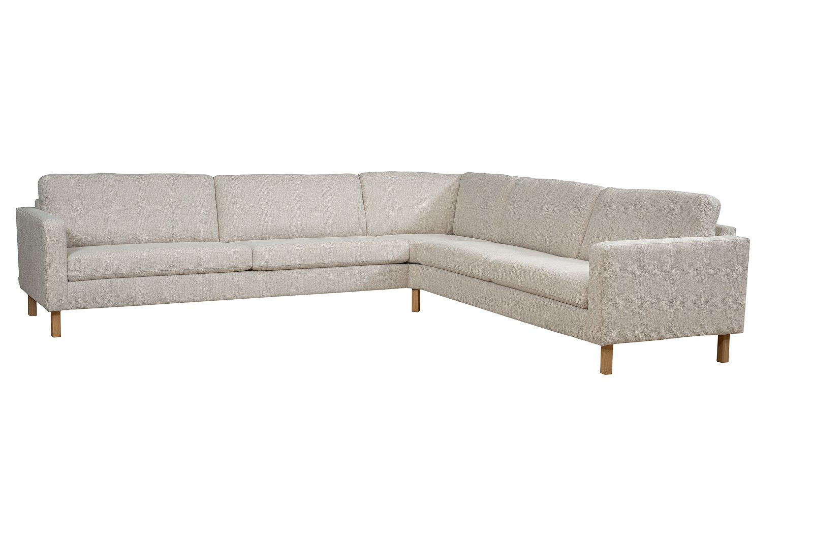 Mandal hjørnesofa Oppsett M. 3,5-seter, hjørnemodul, 3-seter. Tekstil Nivus 203 Lin Creme. Arm 16, Duo puter, Firkantet ben 16 cm Natur. Skum