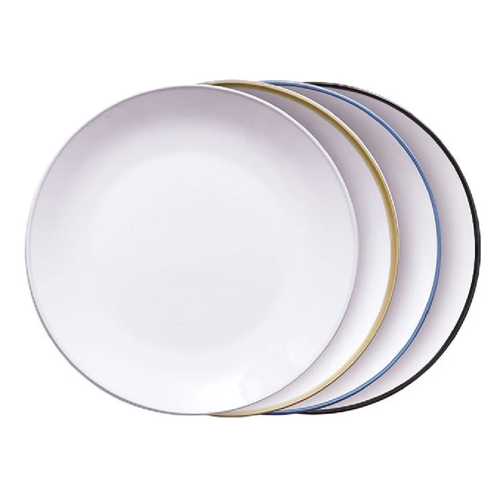 Lot de 4 assiettes plates rondes porcelaine blanche avec liseré coloré