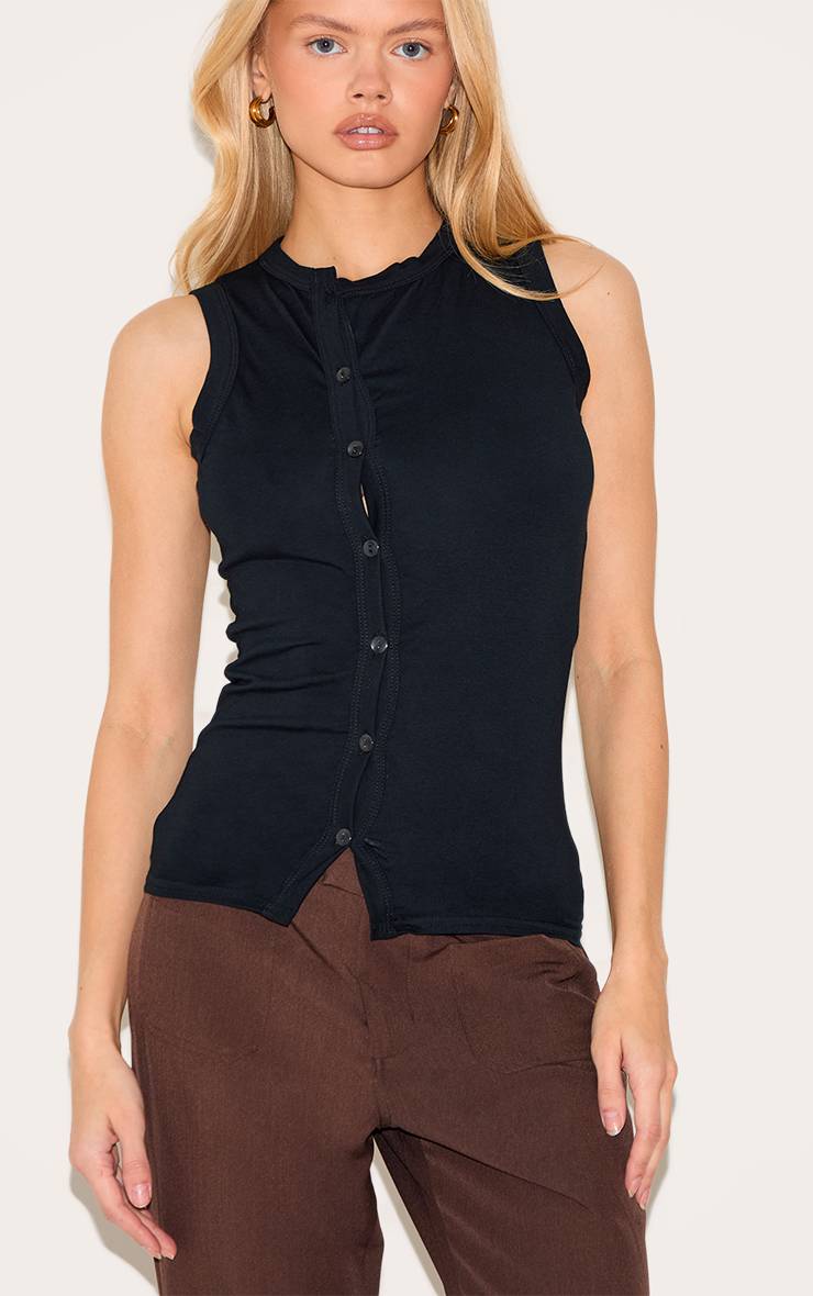 Noir Haut Asymétrique Boutonné En Coton