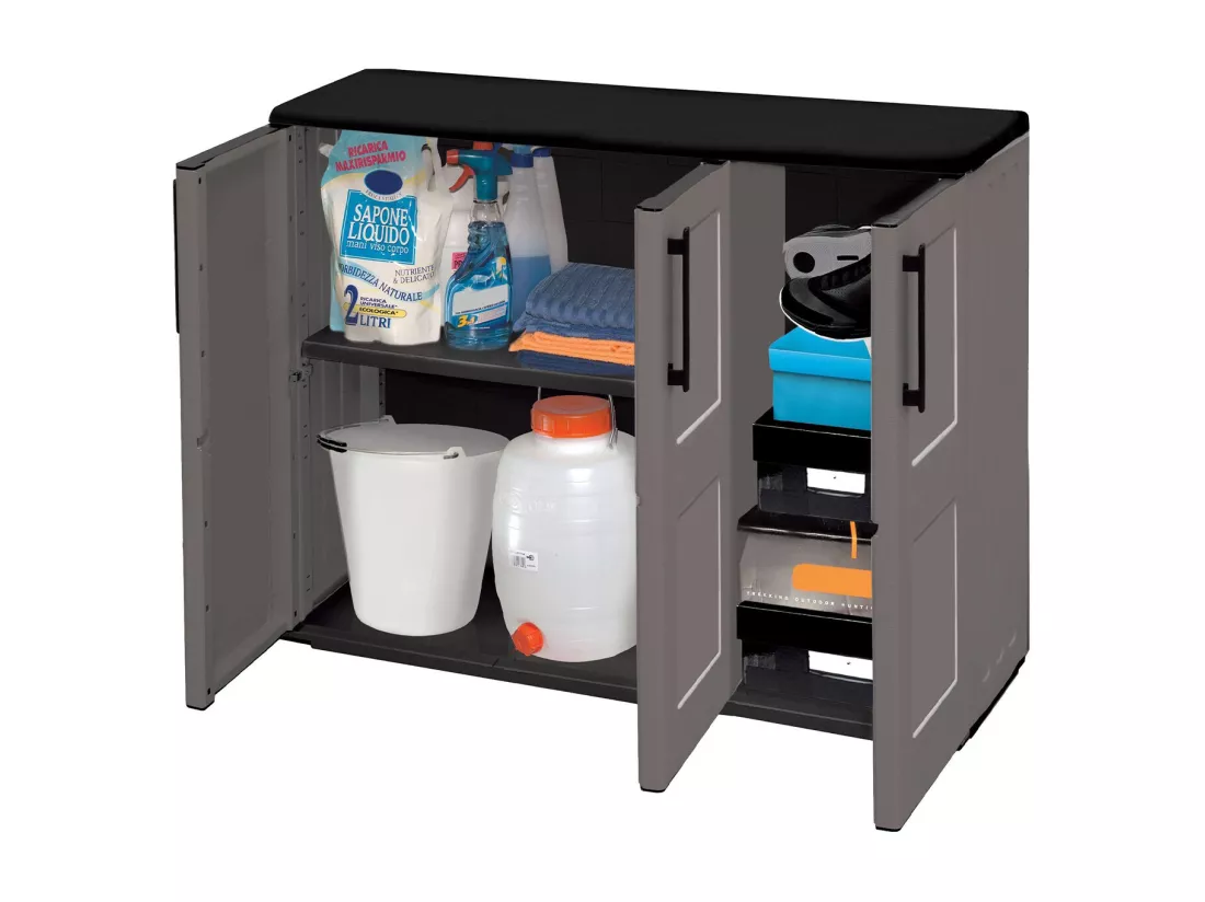 Armoire d'extérieur Gesves, Armoire de balcon polyvalente, Armoire d'extérieur 3 portes, 100% Made in Italy, 102x37h84 cm, Gris et Noir, Finition à carreaux