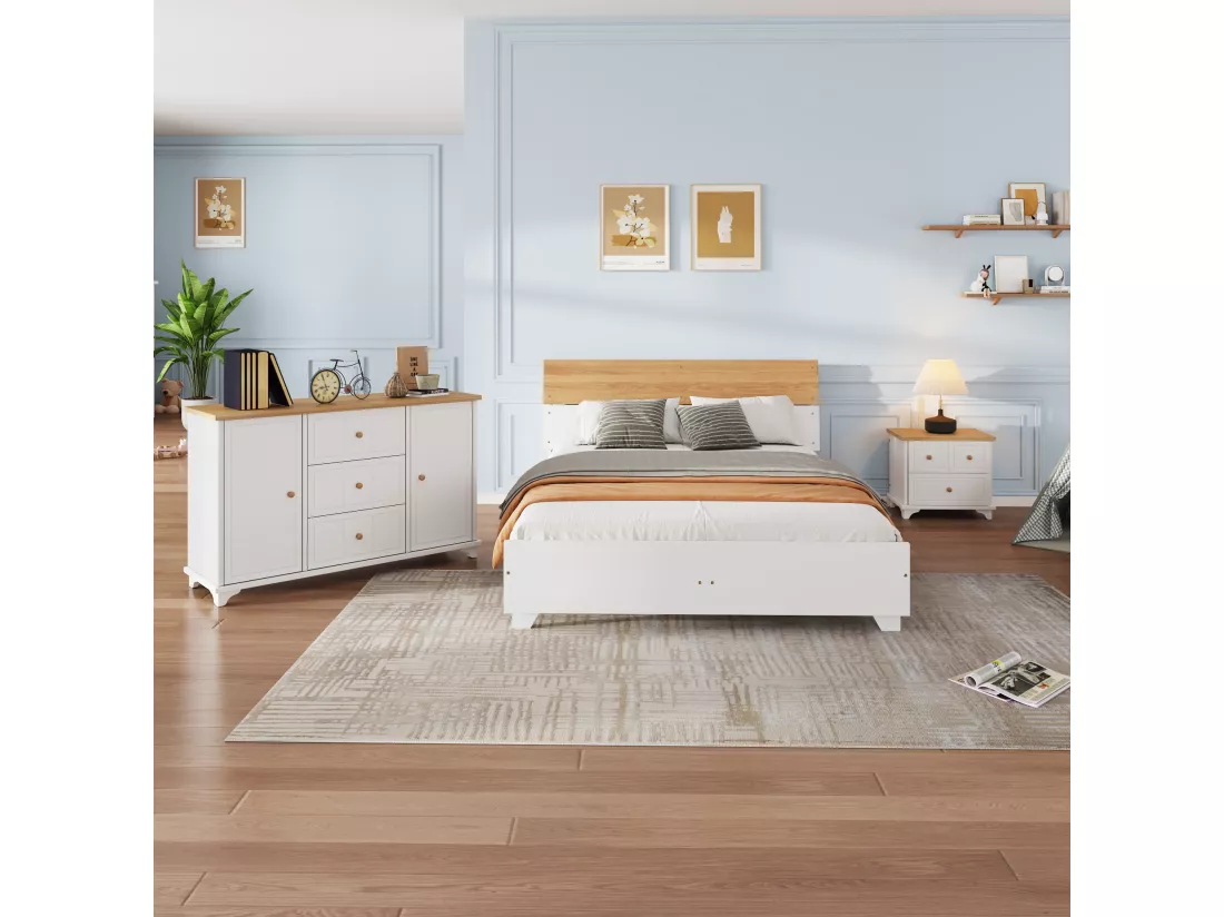 Ensemble lit adulte 160x200 cm en bois + Commode + Table de chevet - Blanc & Naturel