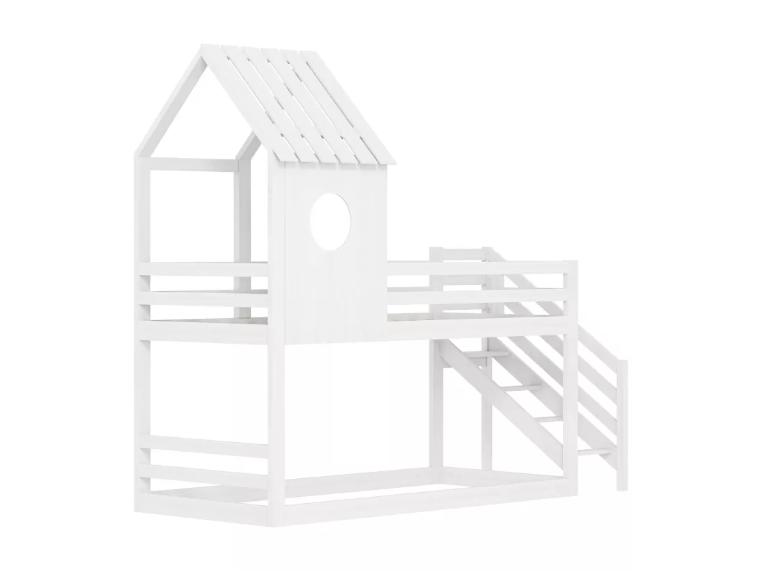 Lit cabane 90x200cm, Lit superposé avec Garde-Corps, Forme Toit, Lit en Bois Massif avec sommiers à Latte pour 2 Personnes, Blanc