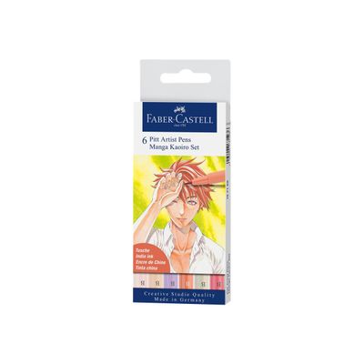 Faber-Castell Pitt Artist Pen Manga Kaoiro - 6 Feutres pinceaux à pointe souple à l'encre de Chine - couleurs assorties