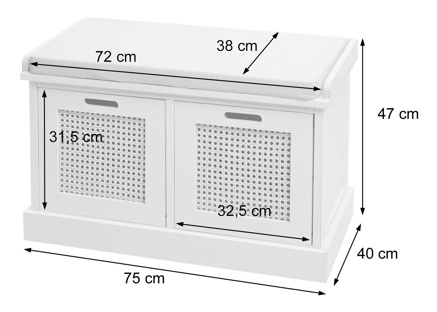 Sitzbank MCW-J49, Polsterbank Garderobenbank, Kissen Aufbewahrungsboxen Staufach 47x75x40cm ~ weiß, Polster creme-