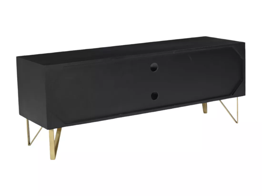 Meuble TV avec 1 porte, 2 tiroirs et 2 niches en bois de manguier et métal - Noir et Doré - BELORI