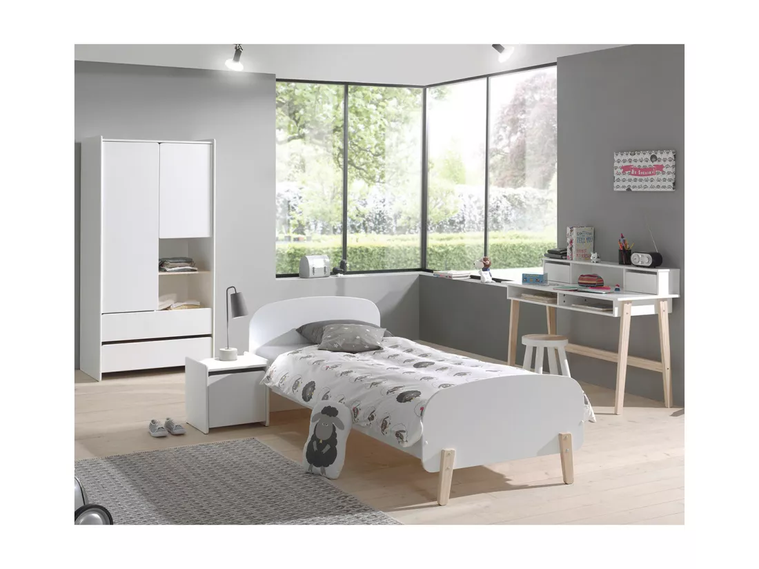 BODHI WHITE - Lit 90x200cm + Chevet + Armoire 2P + Bureau