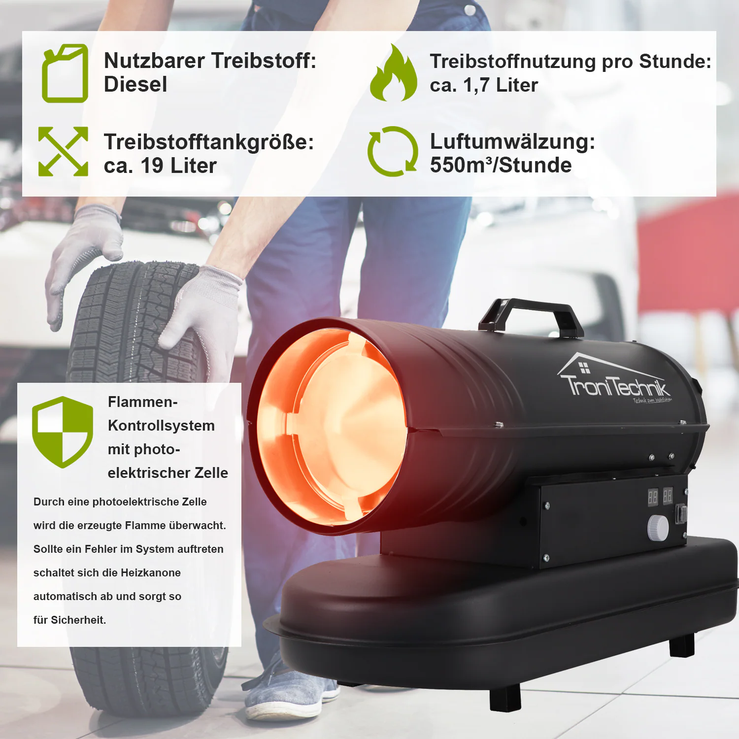 TroniTechnik® Heizkanone Dieselheizgebläse Dieselheizer 20kW Diesel Heißluftgenerator,Heizgerät Heizer,19l Tank,Tragegriff