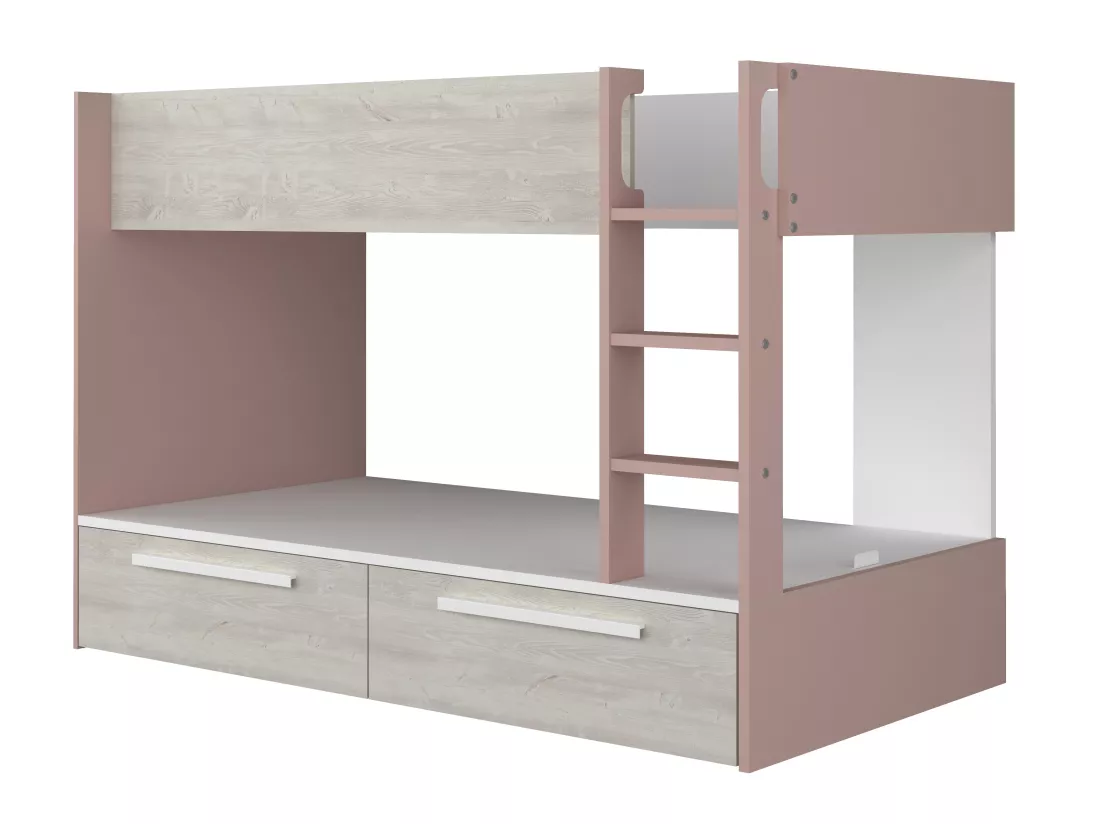 Lits superposés 2 x 90 x 200 cm - 2 tiroirs - Rose, naturel et blanc - TINOLI