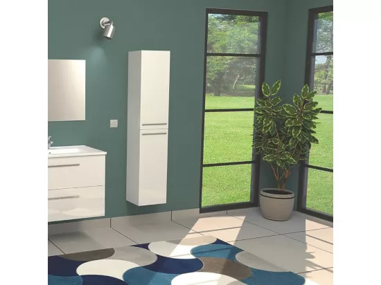 Colonne meuble Salle de bain suspendue avec 2 portes couleur blanc laqué - Hauteur 150 x Longueur 30 x Profondeur 25 cm