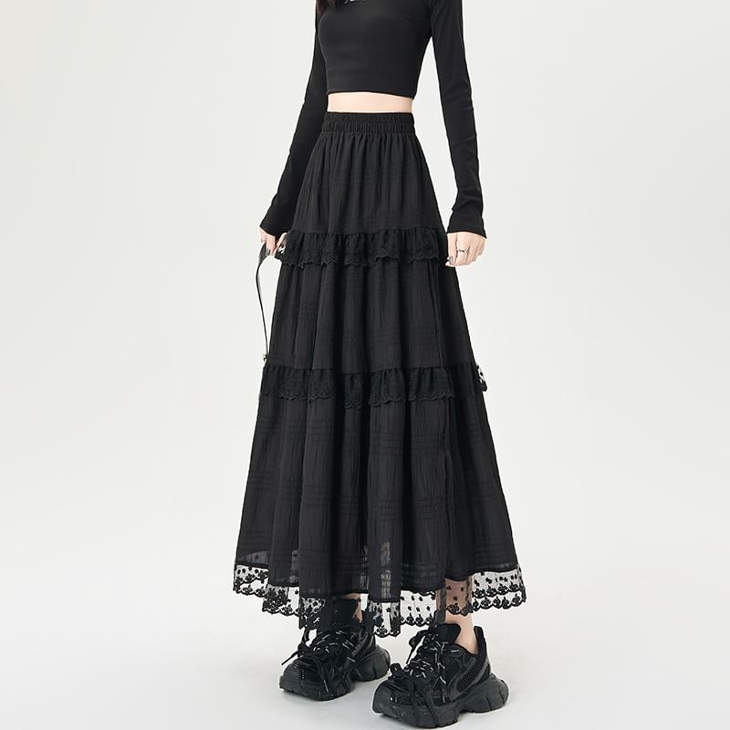 Tel tot 10 - Maxi A-lijn rok met elastische taille en effen kant