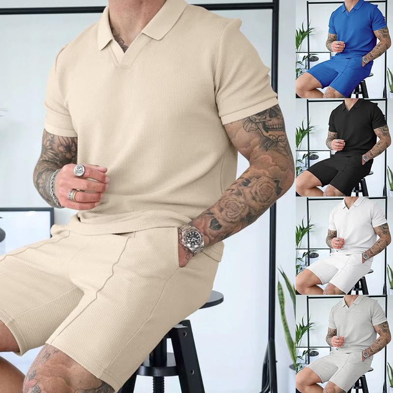 Dubbel Wit - Set: Effen top met korte mouwen en kraag + shorts