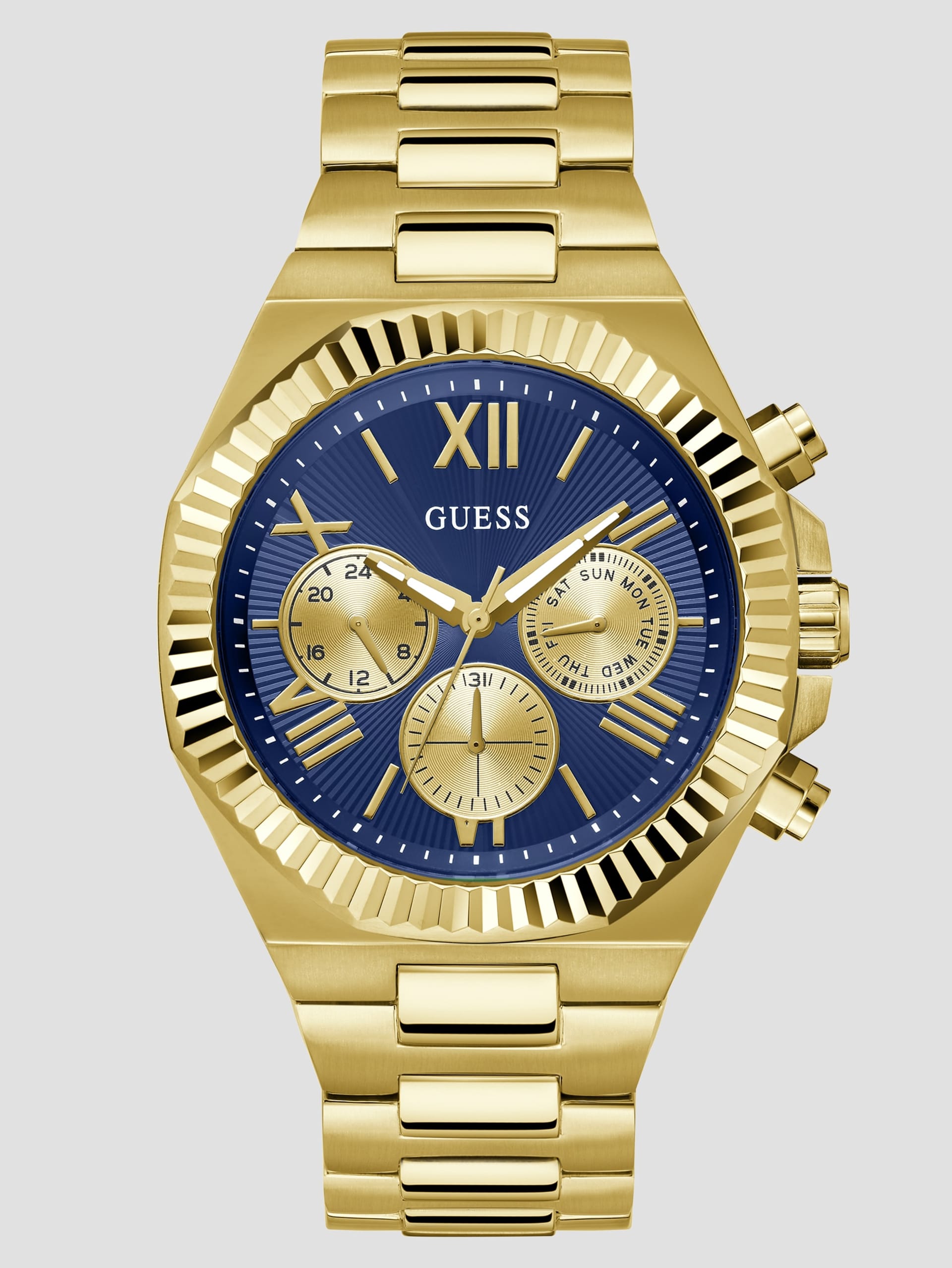 Relógio multifuncional com detalhes em dourado e azul.