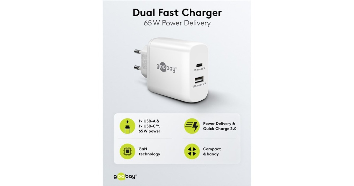 goobayUSB-C PD GaN Dual snellader (65 W)  (Wit, 1x USB-C, 1x USB-A, Power Delivery)
