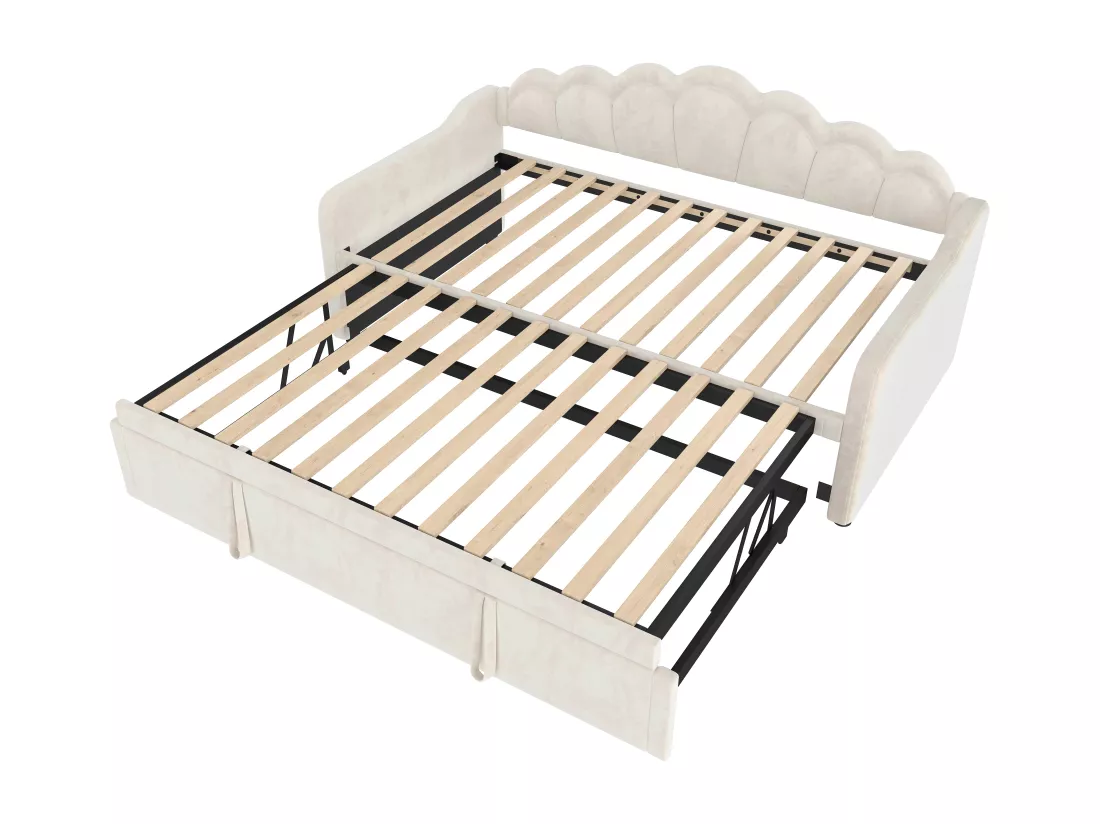 Canapé-lit 90x200/180x200 cm - avec lit gigogne - avec bande lumineuse LED - velours - beige (matelas non inclus)
