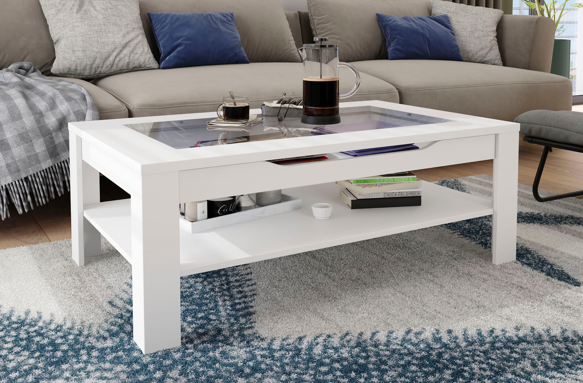 byLIVING Couchtisch »Ralph« Breite 110 cm, mit Glaseinsatz und Schubkasten