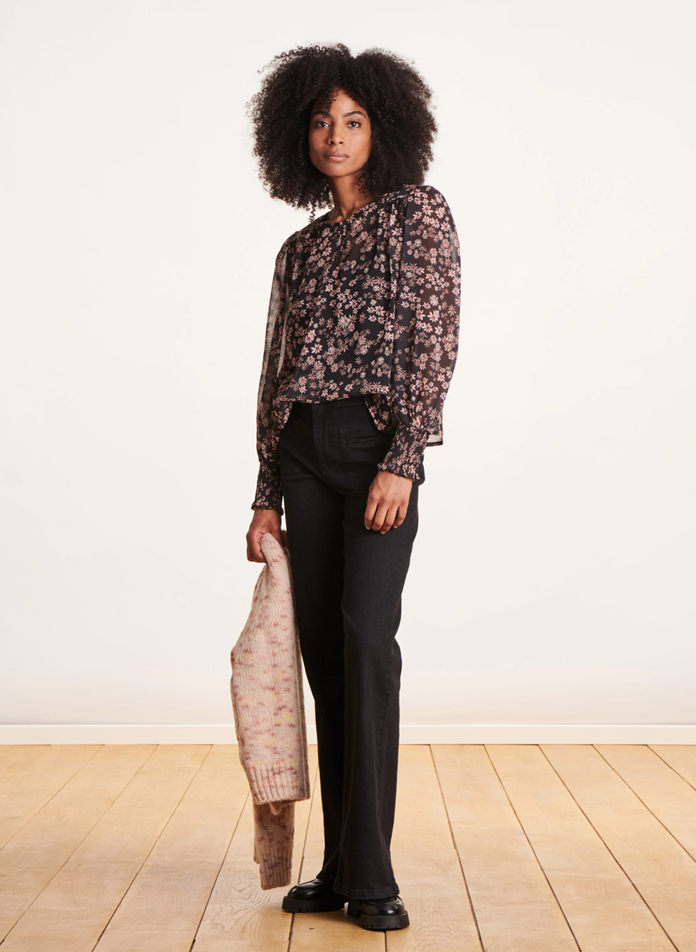 Top ample manches longues imprimé| Noir