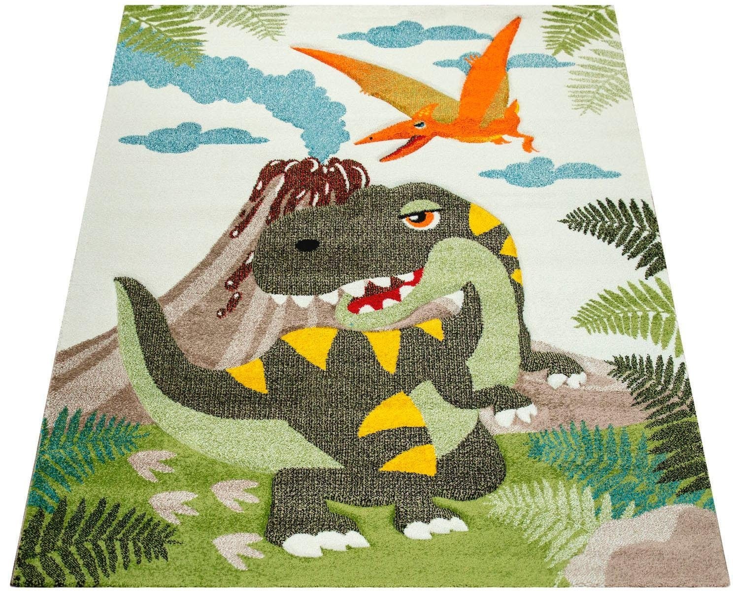 Paco Home Kinderteppich »Diamond 636« rechteckig 18 mm Höhe 3D-Design, Motiv Dinosaurier, Kinderzimmer