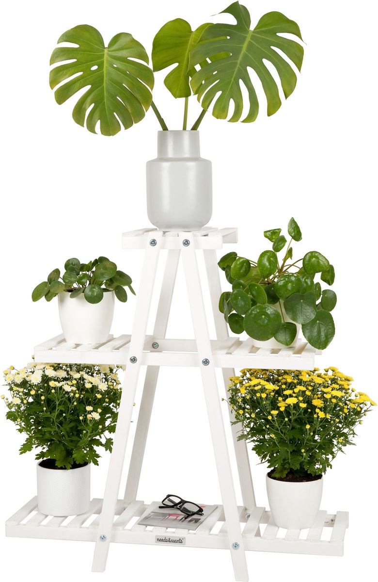 needs&wants® plantenplank, bloemenstandaard van weerbestendig hout voor buiten, balkon, tuin, binnen, plantenstandaard voor aan de muur, bloemenladder, wit