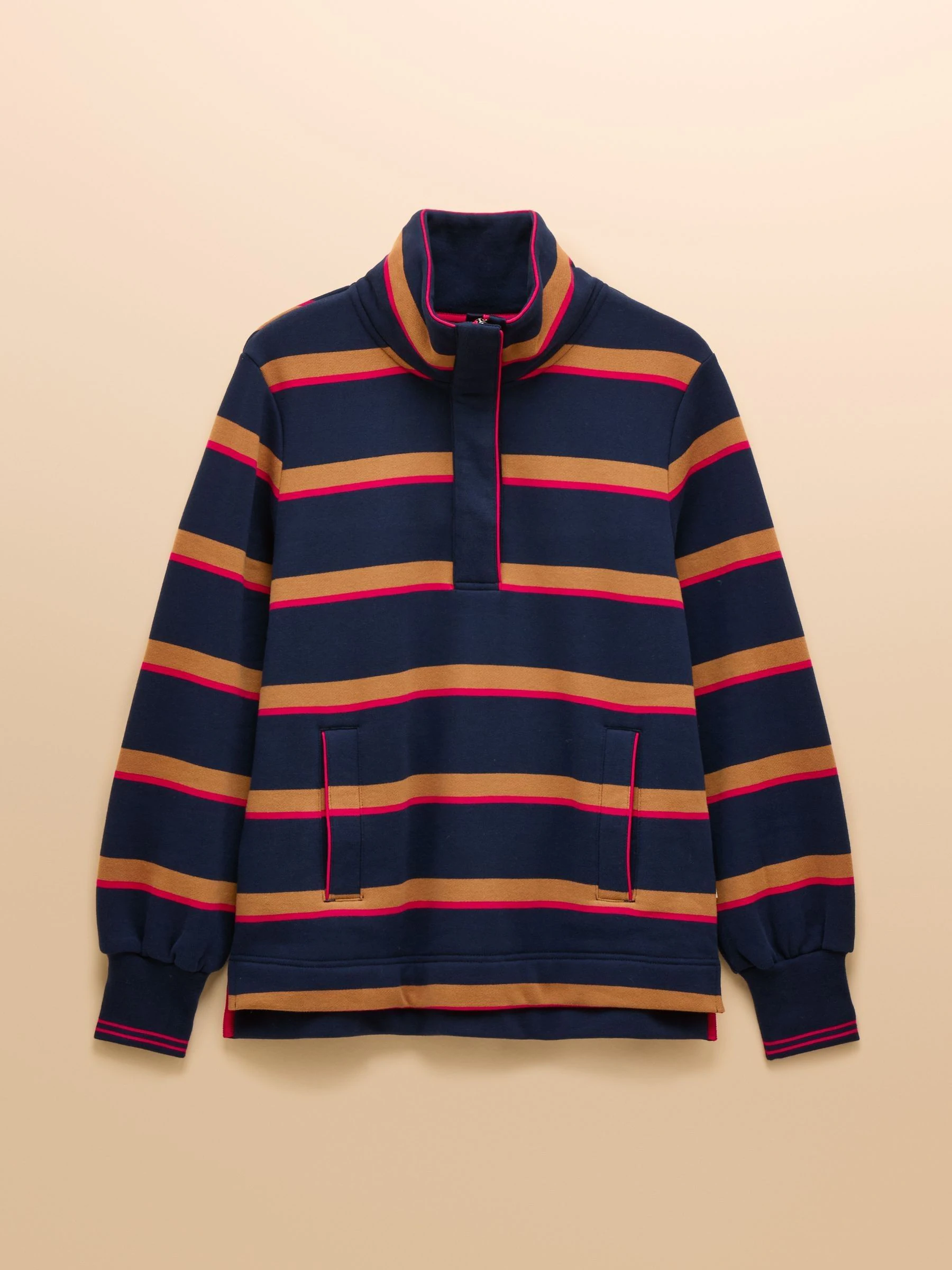 Marineblauw/lichtbruine streep - Joules Burnham Premium Brushed Cotton Funnel Neck Quarter Zip Sweatshirt