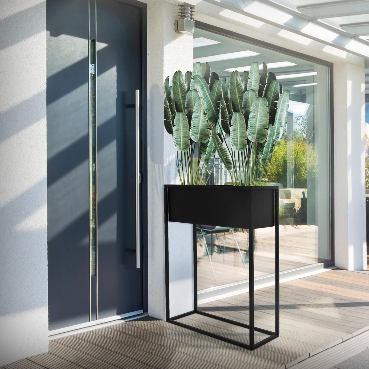 ML-Design zwarte metalen bloemenstandaard, 60x25x78 cm, staand, rechthoekige plantenbak voor kamerplanten, design plantenstandaard, bloembak, plantenbak, verhoogde bak, balkonbak