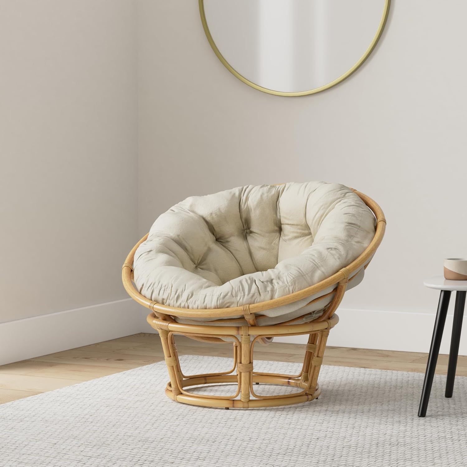 Dekoleidenschaft Papasan-Sessel aus Rattan, braun, inkl. Kissen aus Baumwolle, beige, Rexalsessel für Wohnzimmer oder Wintergarten, Korbsessel Liegesessel