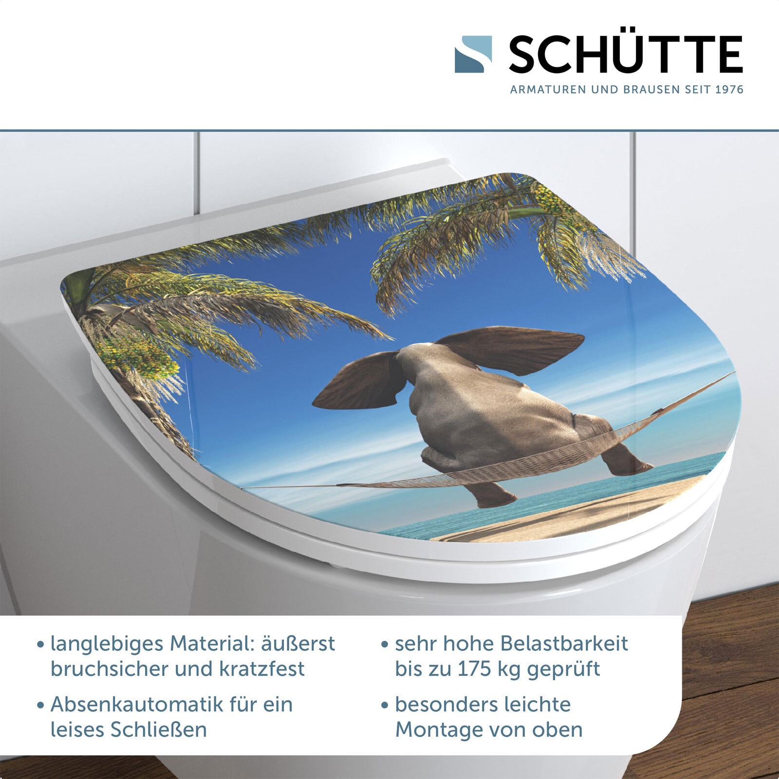 SCHÜTTE WC-Sitz Happy Elephant High Gloss Duroplast Absenkautomatik, Schnellverschluss