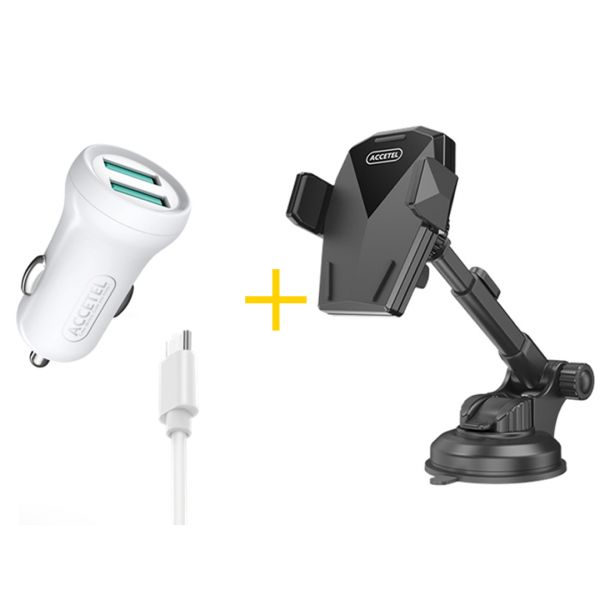 Accetel Pack Auto Suporte SP129   Cabo Type C   Carregador para Oppo A18 CC267 2X USB 2.4A Branco   Preto