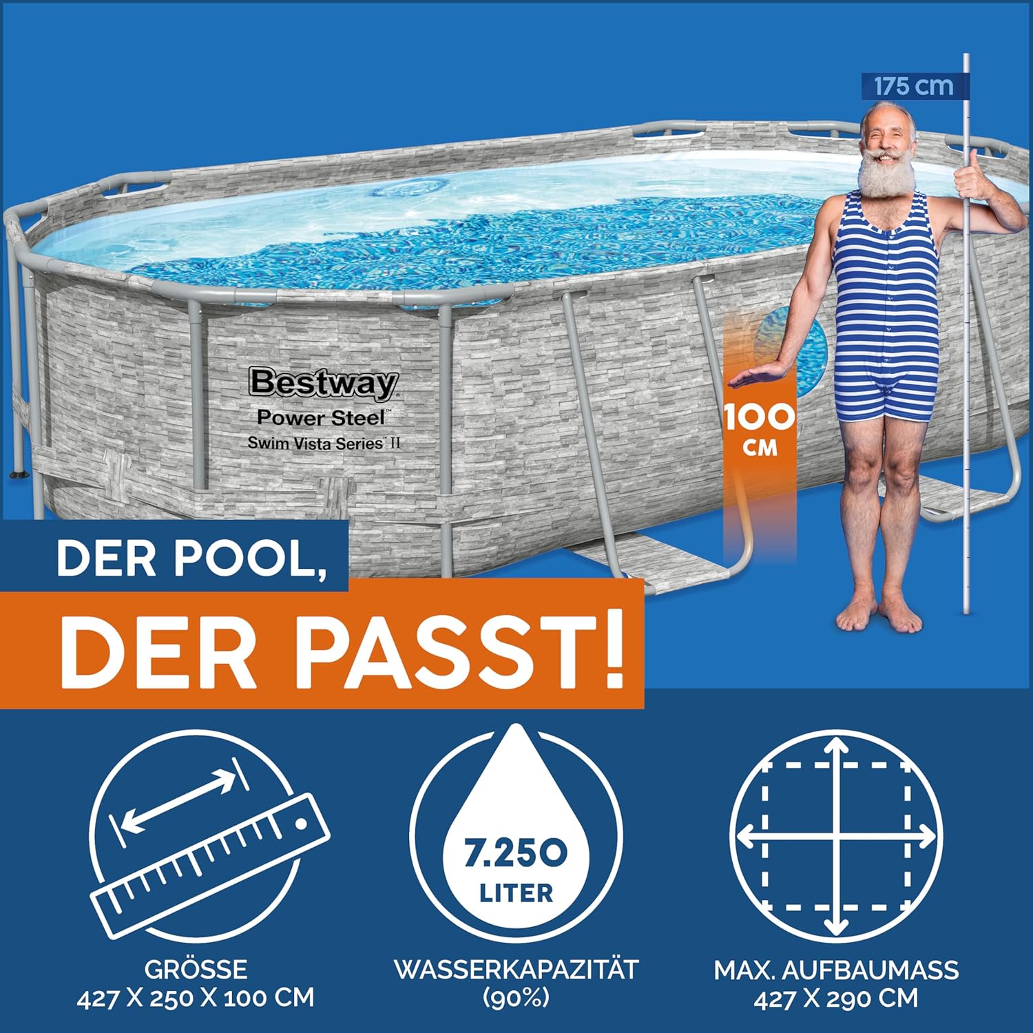 Bestway® Ersatzpool (ohne Zubehör) Power Steel Swim Vista Series Frame Pool/Aufstellbecken, 427 x 250 x 100 cm, oval, braune Rattan-Optik