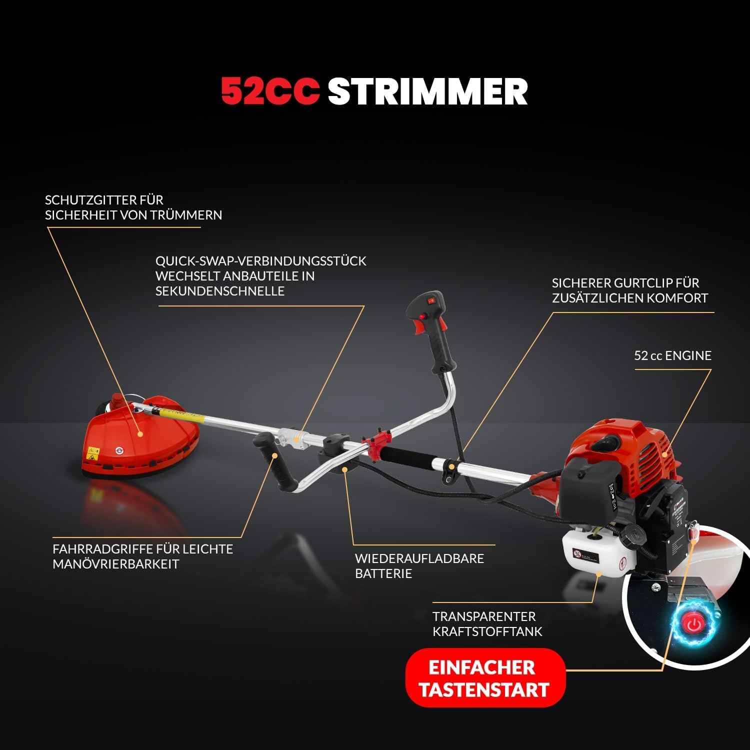 BU-KO 52cc Benzin-Rasentrimmer Garten Multitool - Elektrischer Druckknopf & Zugschnurstart | 3-in-1 Freischneider, Rasentrimmer & Stahldraht Unkrautschneider | Schwerlast, Leistungsstarker 3HP Motor